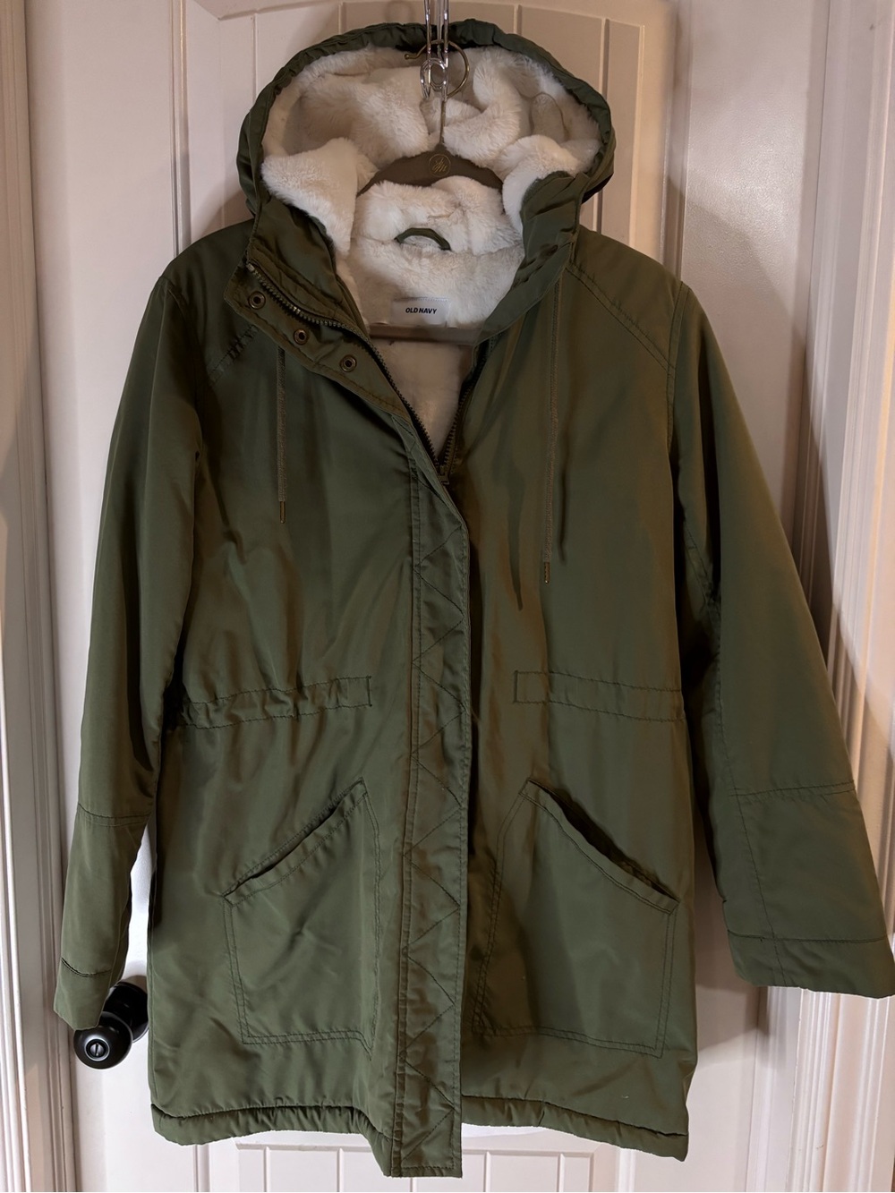 Old Navy Olive Green Hooded Puffer Coat with White Sherpa Lining